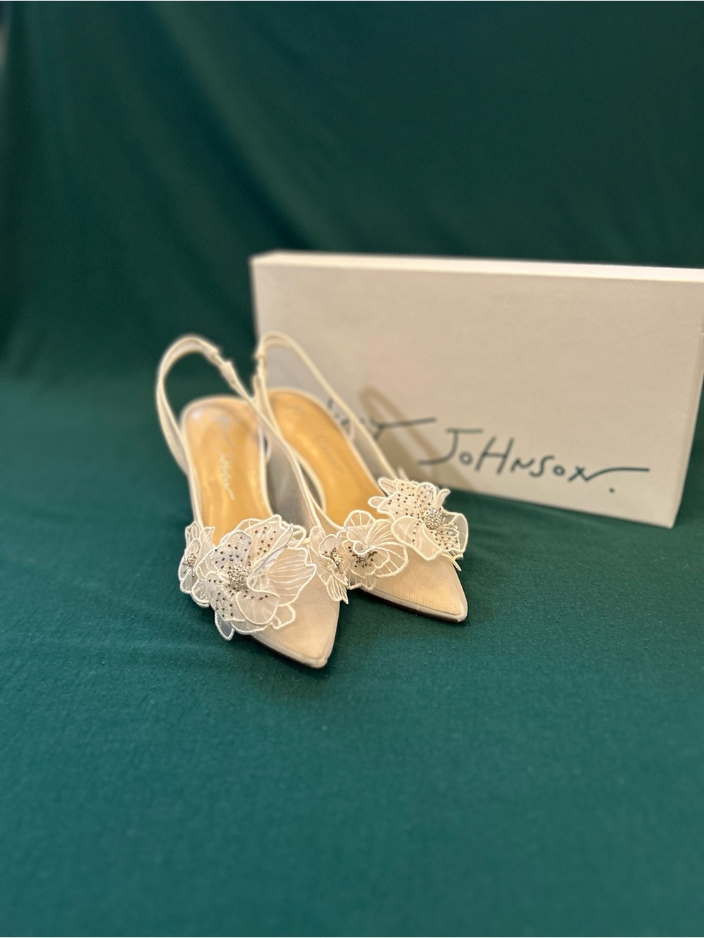 Betsey Johnson Ivory Pointed-Toe Slingback Heels with Floral Appliqué